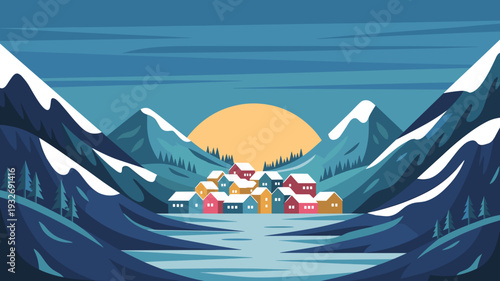 winter village landscape with colorful houses by frozen lake and snowy mountains at sunrise. Cozy alpine town illustration in cold season setting