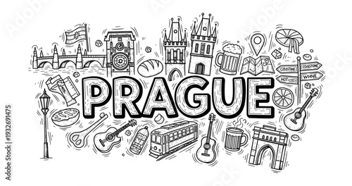 Prague landmarks and icons: charles bridge, trams, beer, and more in sketch style
