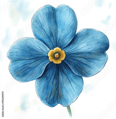 Delicate five-petaled blue flower with yellow center and thin green stem on a soft watercolor background, evoking calm serenity