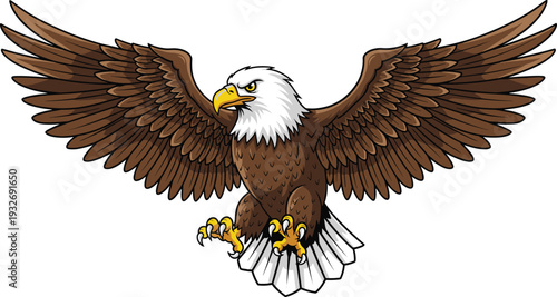 Powerful bald eagle vector illustration with spread wings and sharp talons soaring in flight for American patriotic symbols wildlife conservation and nature branding