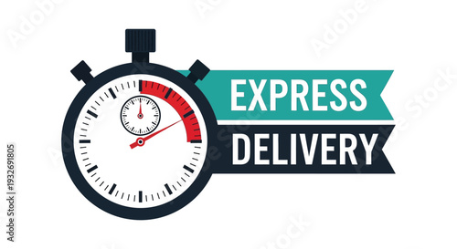 Vector graphic illustration combining a stopwatch and banner promoting fast shipping and logistics services