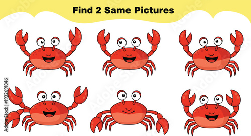 Educational find two same pictures matching game for kids featuring cute red cartoon crab characters for preschool learning activity and children brain development