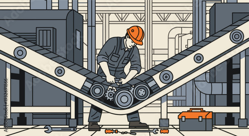 An illustration shows a technician in a hard hat repairing a gray conveyor belt in a factory, using tools from his toolbox, with a stylized and technical aesthetic.