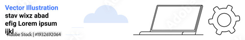 Cloud computing, IT systems, software development, collaboration tools, digital transformation, business solutions. Simplified gear, laptop and cloud icon in minimal design. Cloud computing and IT