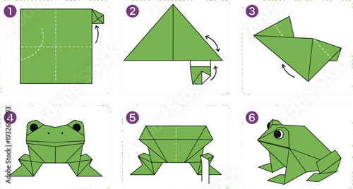 Step by step origami frog folding tutorial diagram with green paper instructions isolated flat vector illustration guide