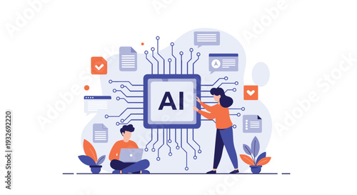 Man and woman interact with a prominent AI circuit board, surrounded by data elements, symbolizing artificial intelligence development, machine learning, and technological innovation.