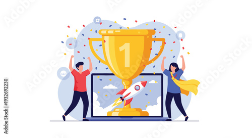 A jubilant man and woman celebrate beside a laptop screen displaying a trophy and a soaring rocket, symbolizing startup success, rapid growth, and achievement.