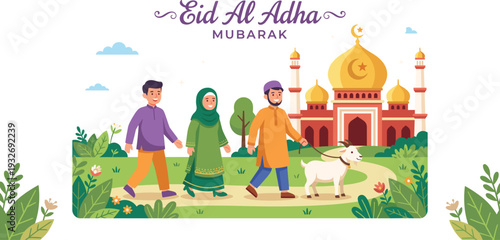 Eid Al-Adha Mubarak Greeting Card with Muslim Family Walking a Sacrifice Goat to a Grand Mosque in a Lush Garden Landscape