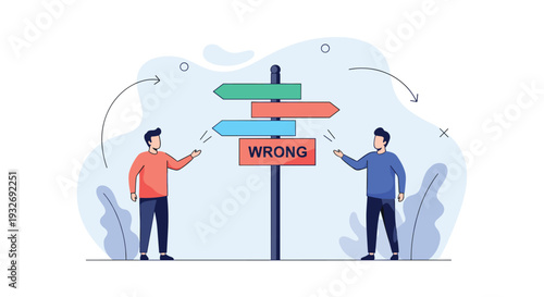 Two men stand at a perplexing crossroads with a "WRONG" signpost and diverging arrows, symbolizing difficult decisions, incorrect choices, and strategic uncertainties.