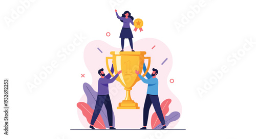 Two men support a large trophy, while a triumphant woman stands atop it, holding a medal, symbolizing collaborative success, leadership, and shared achievement.