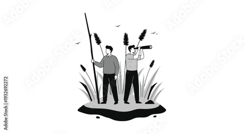 Two men stand in a field of tall grass, one holding a pole and the other a telescope, symbolizing exploration, observation, and seeking new opportunities.