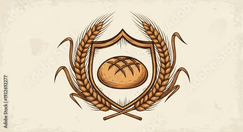 Vintage bakery emblem featuring wheat ears and a loaf of bread, classic design.
