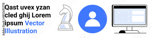 Business strategy, decision-making, computer interface, user profiles, digital navigation, online tools. Chess knight, person icon and monitor screen elements. Business strategy and decision-making