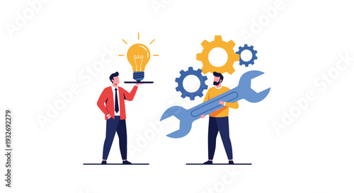 One man holds a bright lightbulb representing an idea, while another holds a giant wrench and gears, symbolizing innovation, problem-solving, and technical support.