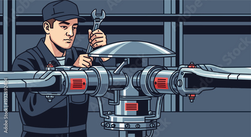 Illustration of a serious-looking mechanic using a wrench to repair a helicopter rotor head with precise detail and industrial style.