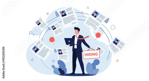 Professional man with a laptop and a "HIRING" sign is surrounded by numerous flying resumes, symbolizing recruitment, talent acquisition, and job opportunities.