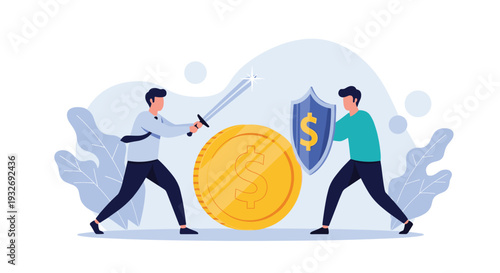 Two men engage in a fierce struggle over a giant gold coin, one armed with a sword and the other with a shield, symbolizing financial conflict and intense market competition.