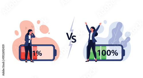 Two women depict contrasting energy levels?one stressed with 1% battery, the other joyful with 100%?symbolizing burnout, work-life balance, and mental well-being.