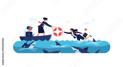 Courageous woman in a boat throws a lifebuoy to another woman struggling in shark-infested waters, symbolizing support, rescue, and overcoming business crises.