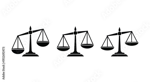 Vector graphic illustration featuring three different black balance scales symbolizing justice, law, and fairness