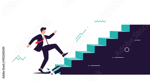 Determined businessman runs up broken stairs, symbolizing resilience, overcoming obstacles, and navigating challenges on the path to success.