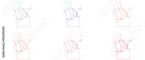 Continuous line art illustration of a woman giving a speech at a podium with microphone during a presentation event
