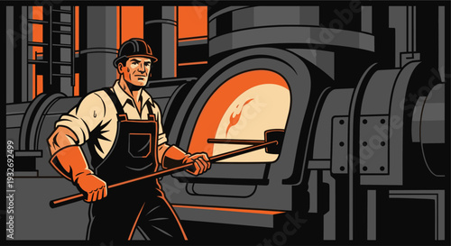Illustration depicting a steelworker in overalls, helmet and gloves using a tool to operate a furnace in a dark industrial building. Orange and gray tones create a somber mood.