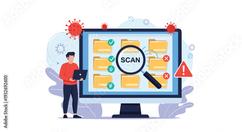 Focused man scans files on a computer screen, surrounded by virus symbols and warning signs, symbolizing cybersecurity, data protection, and virus detection.