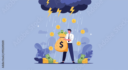 Man stands with a money bag as coins and bills fall from a stormy cloud, symbolizing unexpected financial gains, windfall, and fluctuating market conditions.