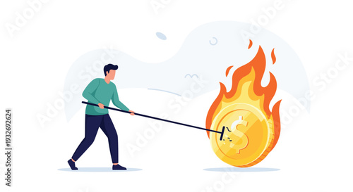 Man rakes a large, burning dollar coin, symbolizing financial loss, investment risk, and the destructive nature of economic challenges.