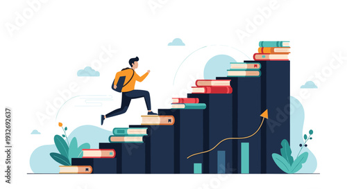 Ambitious man runs up stairs constructed from books, leading to a rising bar chart, symbolizing continuous learning, personal growth, and academic success.
