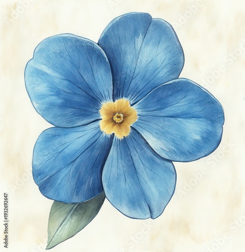 Wallpaper Mural Single blue five-petaled flower with a yellow center and a green leaf on cream textured paper, delicate and serene Torontodigital.ca