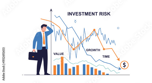 Anxious businessman observes a complex stock market graph labeled "INVESTMENT RISK," symbolizing financial uncertainty, market volatility, and strategic concerns.
