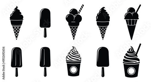 Collection of diverse frozen dessert vector graphics, including ice cream cones, popsicles, and soft-serve illustrations.