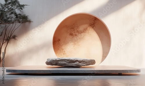 Wallpaper Mural Minimalist interior with circular recessed niche, rough stone pedestal on layered platform, slender tree at side, warm sunlight and soft shadows evoking calm and serenity Torontodigital.ca