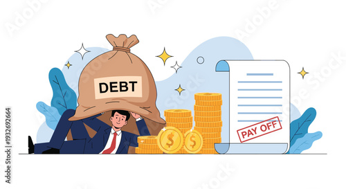 Man is overwhelmed by a heavy "DEBT" money bag, next to a "PAY OFF" document and stacks of coins, illustrating financial burden and the path to debt relief.