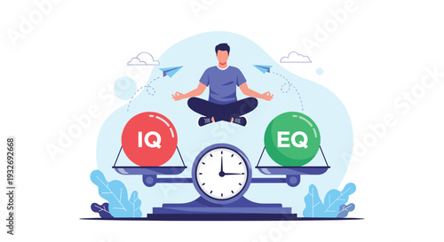 Calm man meditates above a balanced scale, weighing "IQ" and "EQ," symbolizing intelligence balance, emotional quotient, and holistic personal development.