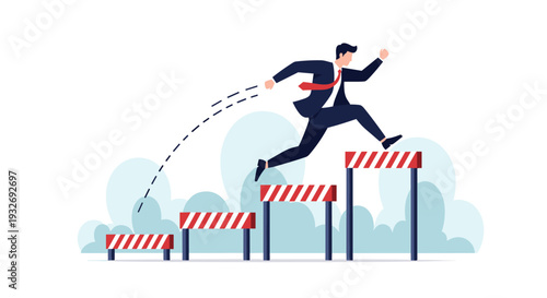 Determined businessman in a suit jumps gracefully over a series of hurdles, symbolizing overcoming challenges, achieving goals, and career progression.