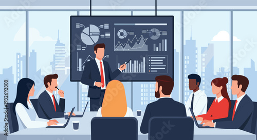 Businessman presents financial data and charts on a large screen to diverse colleagues in a modern office, conducting a professional meeting.
