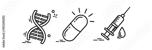 Diagram of dna helix, pill capsule, and injection syringe with droplet
