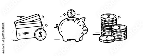 Piggy bank and coins with credit card icon illustrating financial savings concept