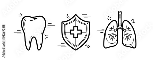 Tooth, shield, and lung icons representing dental, health, and respiratory concepts