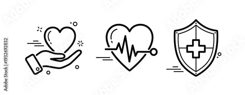 Heart health symbols: hand holding heart, heartbeat line, medical shield