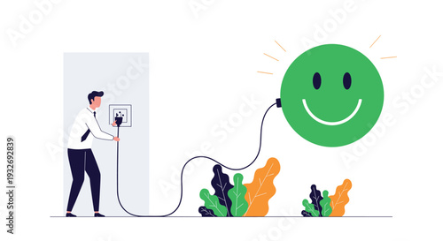 Man plugs a charger into a wall, connecting it to a large, glowing green smiley face, symbolizing recharging happiness and positive emotional energy.