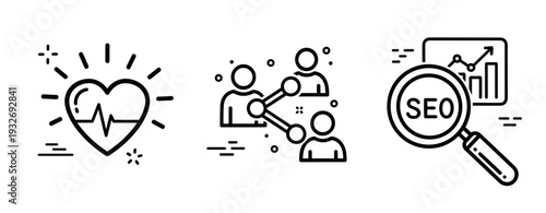 Health and seo icons: heartbeat, networking, search optimization