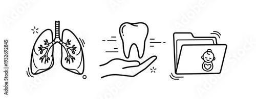 Medical icons: lungs, tooth in hand, and medical file