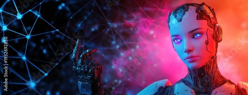 Wallpaper Mural Futuristic humanoid robot with raised mechanical hand beside glowing blue network nodes and a neon pink and red digital haze, conveying curiosity and confident exploration Torontodigital.ca