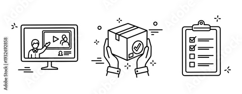 Online learning, product delivery and task management icons