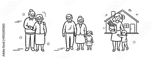 Elderly caucasian couple with family and groceries at home