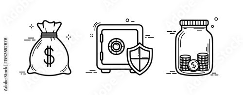 Financial icons: money bag, safe with shield, coin jar illustration